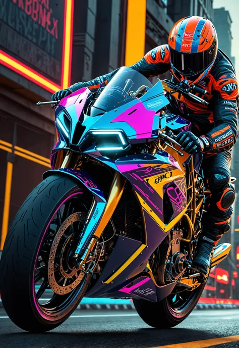 dynamic angle, masterpiece, award winning picture, Motor X bike racing, front wheelie, futuristic background, hyper detailed, intricate, neon poster, artstation, epic, ultra detail, intricate details, UHD