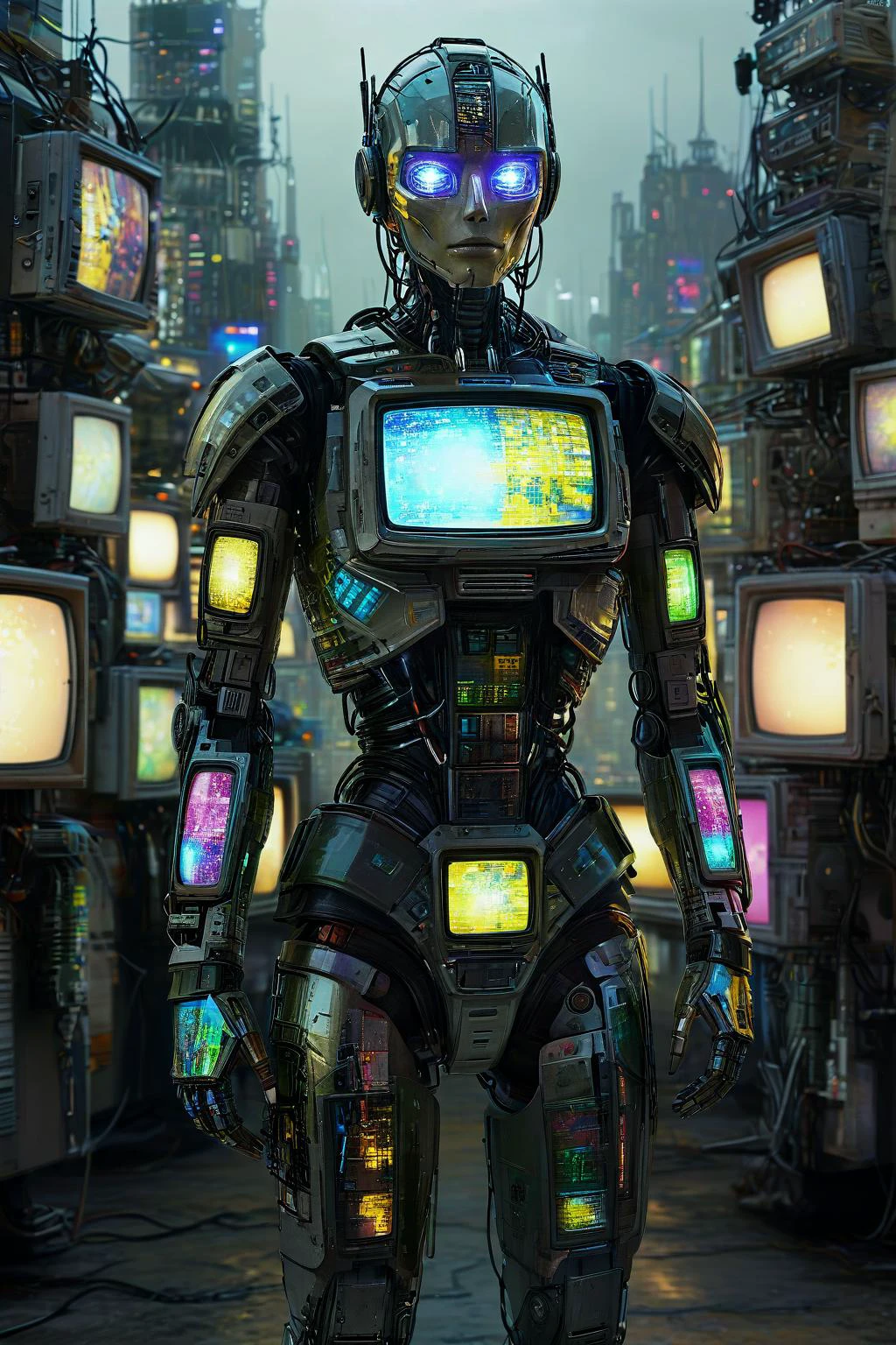 made out of old CRT screens, High-quality digital art, blending fantasy and reality, an artificial intelligence (AI) robot with glowing circuits standing alongside a confident, well-dressed human, both exuding intelligence and grace. The AI features a sleek metal body, while the human boasts impeccable style, set against the backdrop of an advanced cityscape filled with vibrant colors and dynamic lighting. The scene invites viewers to contemplate the symbiotic relationship between artificial intelligence and humanity in this surreal, thought-provoking masterpiece. The artwork is rendered in high-quality, with intricate details and sharp lines, capturing the essence of the cyberpunk world and the harmonious coexistence of AI and humanity