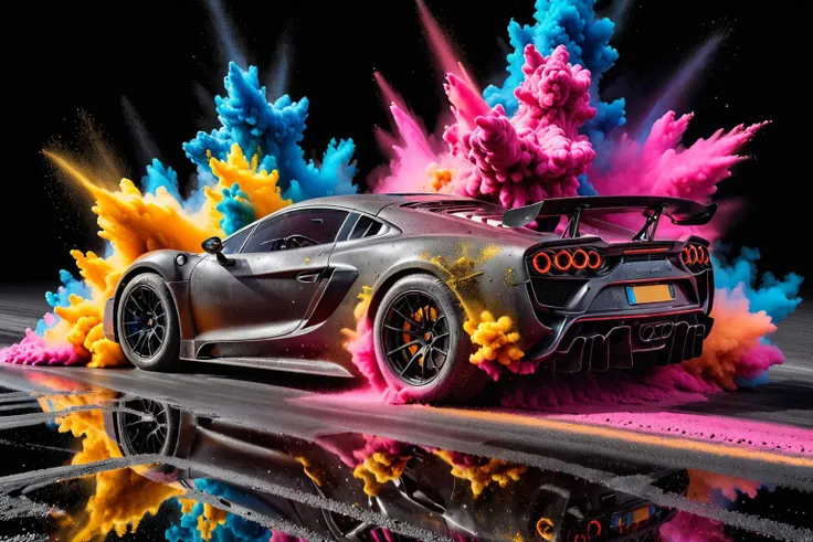 Popular Hyper car racing through LIQUID METAL, liquid metal sprays up from the cars tyres, Car drifting in a black void <lora:Add_UHD_Details_&_Text_v1:0.85> , <lora:Colorful_Powder_Explosion_-_By_DICE:0.7>, Colorful Powder Explosion