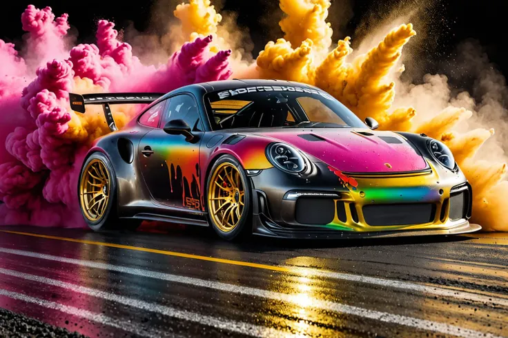 wide body kit Porsche 911 RS, racing through LIQUID METAL, liquid metal sprays up from the cars tyres, Car drifting in a black void , UHD, Colorful Powder Explosion