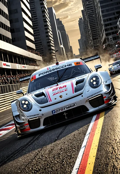 dynamic angle, masterpiece, award winning picture,  Porsche DTM car racing, futuristic background, hyper detailed, intricate, poster, artstation, epic, ultra detail, intricate details, UHD