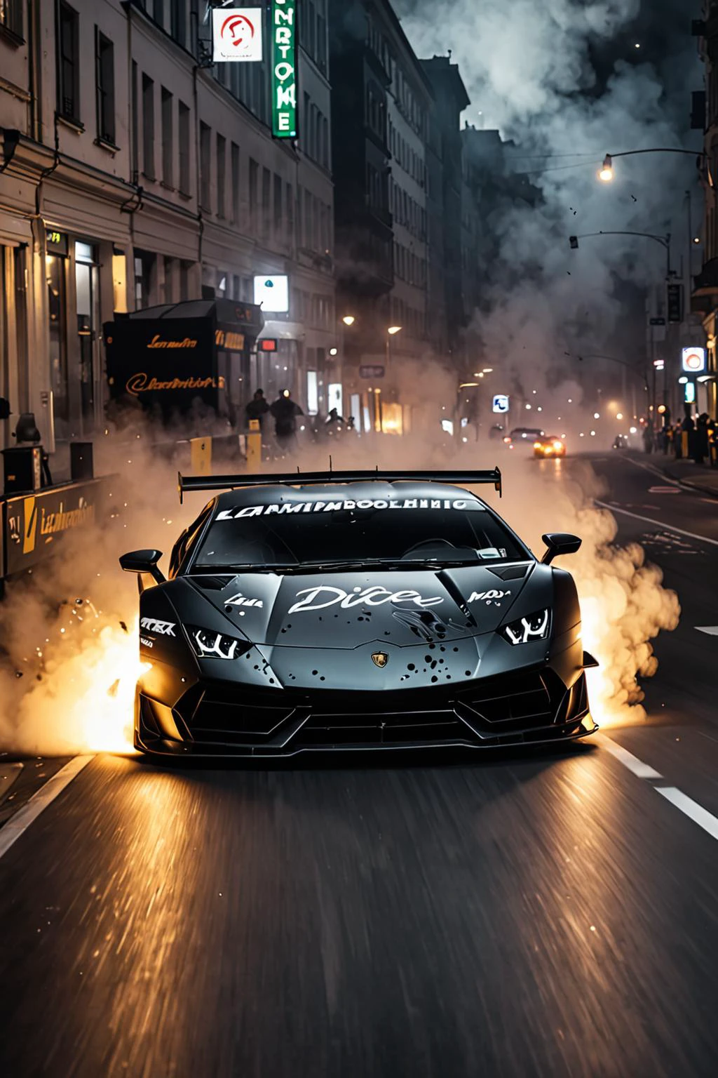 (DTM body kit, DICE racing decals, Lamborghini), racing through the city, night, smoke sprays up from the cars tyres, Car drifting sideways in a black void , UHD,