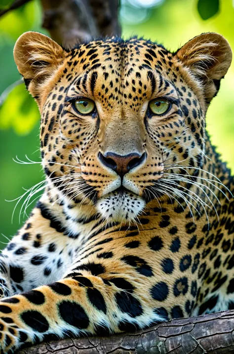 close-up portrait of a leopard resting on a tree branch, its intense gaze captured in stunning detail against a blurred green background. UHD, HDR <lora:Add_UHD_Details_&_Text_v1:0.85>