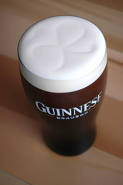 (A pint glass of Guinness), dark brown liquid in the glass, White creamy head of the glass, Embossed in the froth is a (4 leaf clover pattern), (The wording on the glass has the famous font style, says "GUINNESS"), (view from above, dynamic angle), subtle colours, 35mm photograph, grainy, professional, 8k, highly detailed, shot on Leica M50 F/2.8, <lora:Add_UHD_Details_&_Text_v1:0.85>, Painstaking Attention To Details.