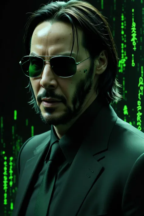 impactful paint of Keanu Reeves as Neo of Matrix with sunglasses, highly detailed, 8k, sharp, professional, clear, high contrast, high saturated, vivid deep blacks, crystal clear, background green matrix falling symbols