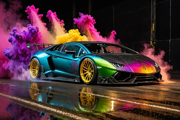 wide body kit Lamborghini, racing through LIQUID METAL, liquid metal sprays up from the cars tyres, Car drifting in a black void , Colorful Powder Explosion, UHD