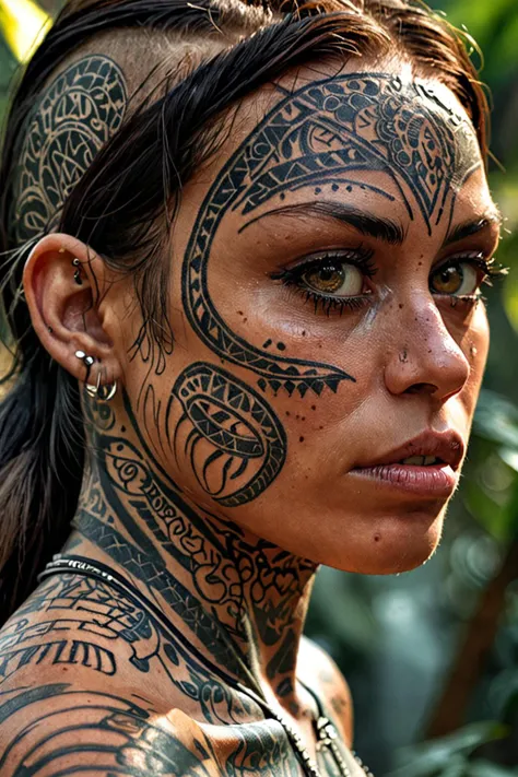 Close up, amazing quality, masterpiece, best quality, hyper detailed, ultra detailed, perfect anatomy, portrait, dof, hyperrealism, majestic, awesome, inspiring, a jungle woman standing. Her head is covered with tattoos that prove dominant and power, her gaze is piercing, intricate detail, ornate, best quality, hyperdetailed, absurd, dramatic light, atmospheric, vivid details, UHD, HDR,  <lora:Add_UHD_Details_&_Text_v1:0.85>