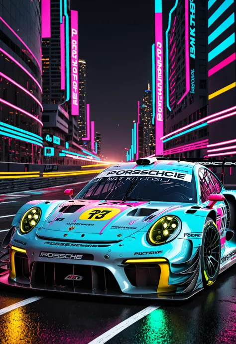 dynamic angle, masterpiece, award winning picture, Porsche DTM car racing, futuristic background, hyper detailed, intricate, neon poster, artstation, epic, ultra detail, intricate details, UHD