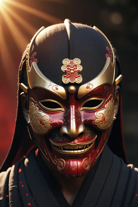 gold samurai mask, embroided in black linen, battlefield, broke, blood, war reflections, sun lighting, light rays, beams of light, realistic, high quality photo, 4k, hd, dvr-frft  <lora:Add_UHD_Details_&_Text_v1:0.85>