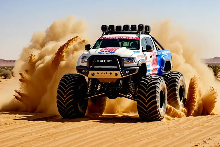(Huge 4x4 monster truck), Dice pattern paintwork, racing through a Desert, sand sprays up from the trucks tyres, UHD,