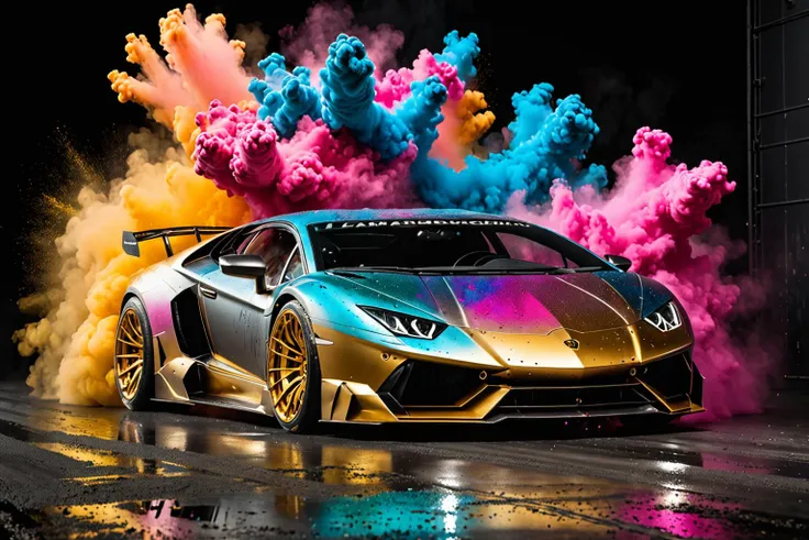 wide body kit Lamborghini, racing through LIQUID METAL, liquid metal sprays up from the cars tyres, Car drifting in a black void , Colorful Powder Explosion, UHD