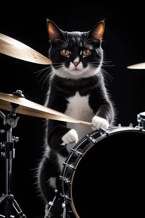 impactful a cat playing drums, drummer cat with drumsticks, on stage, highly detailed, 8k, sharp, professional, clear, high contrast, high saturated, vivid deep blacks, crystal clear,