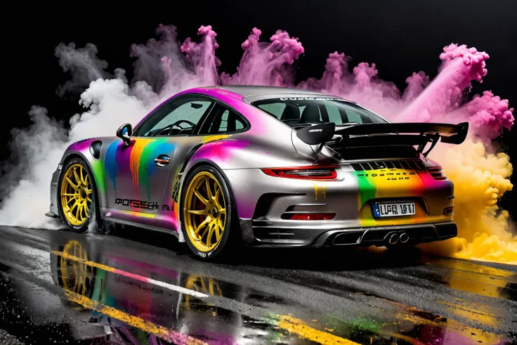 wide body kit Porsche 911 RS, racing through LIQUID METAL, liquid metal sprays up from the cars tyres, Car drifting in a black void , UHD, Colorful Powder Explosion