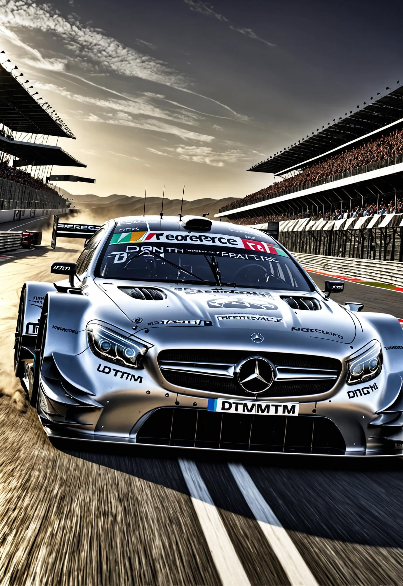dynamic angle, masterpiece, award winning picture, Mercedes DTM car racing, futuristic background, hyper detailed, intricate, poster, epic, ultra detail, intricate details, UHD