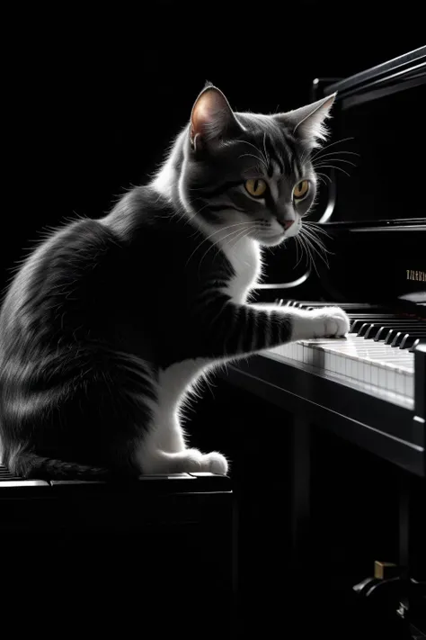impactful a cat playing piano, on stage, highly detailed, 8k, sharp, professional, clear, high contrast, high saturated, vivid deep blacks, crystal clear,