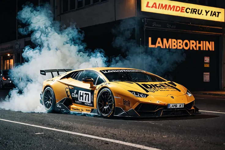 (DTM body kit, racing decals, Lamborghini), (word above car says DICE), racing through the city, night, smoke sprays up from the cars tyres, (wording above car say's DICE), Car drifting sideways in a black void , UHD, <lora:Add_UHD_Details_&_Text_v1:0.95>