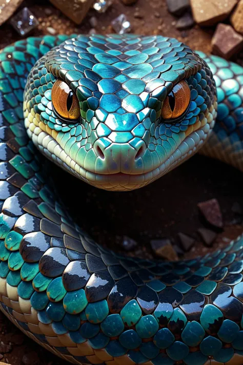 cute, angry, snake smile, pyramid, The snake is writhing, from above, solo, opal eyes, cinematic, gem, diamond, crystal, fantasy art, hyperdetailed photograph, shiny scales, 8k resolution, full body intricate, UHD, <lora:Add_UHD_Details_&_Text_v1:0.85>