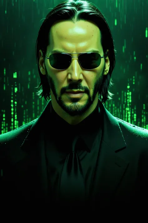 impactful paint of Keanu Reeves as Neo of Matrix with sunglasses, highly detailed, 8k, sharp, professional, clear, high contrast, high saturated, vivid deep blacks, crystal clear, background green matrix falling symbols