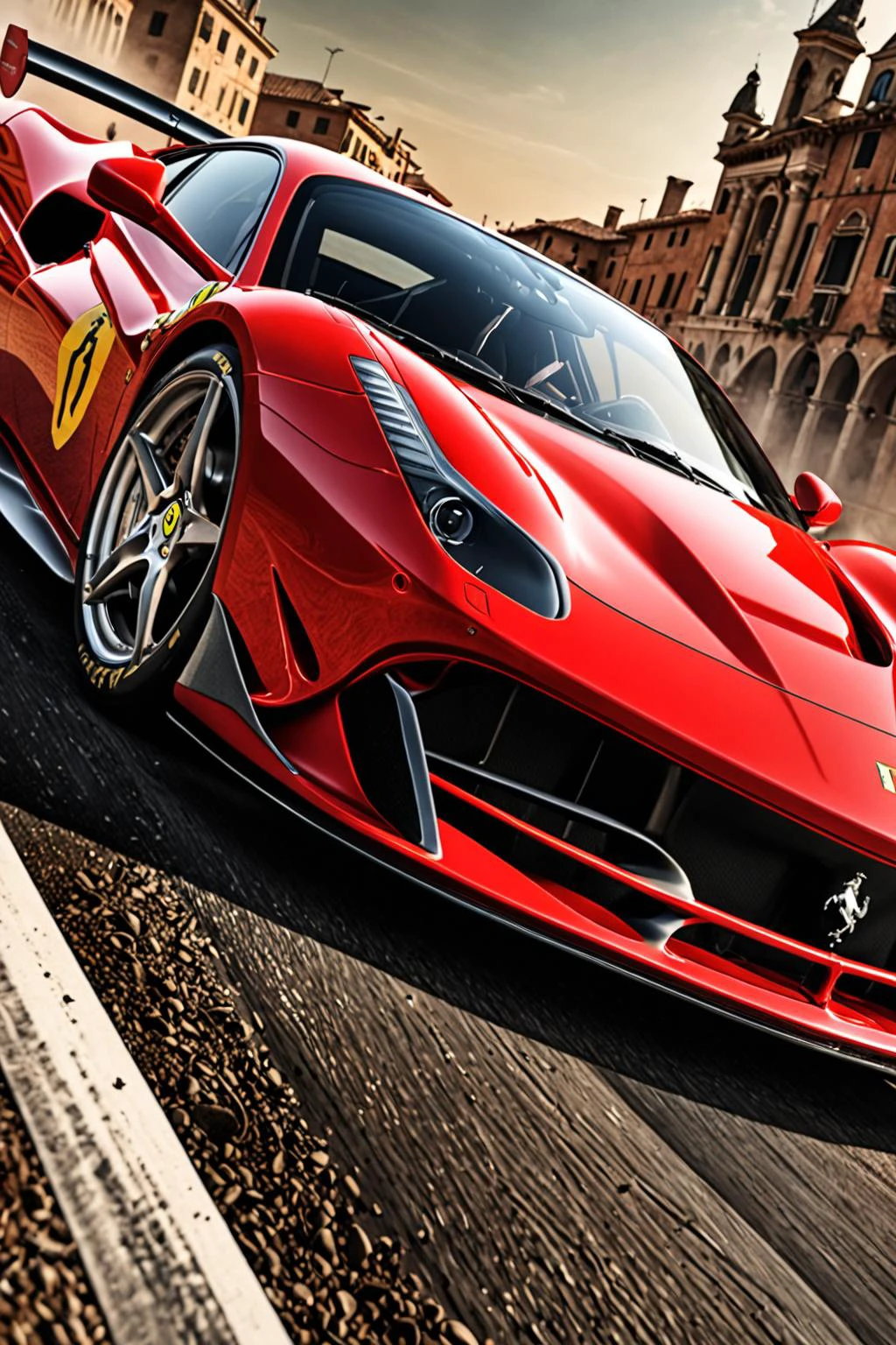 dynamic angle, masterpiece, award winning picture, Ferrari car racing, fantasy background, hyper detailed, intricate, poster, artstation, epic, ultra detail, intricate details