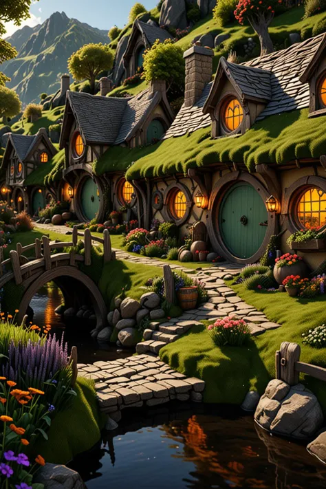 photorealism, intricate details, extremely detailed, masterpiece, masterpiece, intricate, best quality, hires textures, high detail, incredibly detailed, Cinematic Lighting riverside hobbit village full of farms and hobbits with gardens and flowers intricately detailed, true masterpiece, UHD vibrant neon, studio quality Overall Detail