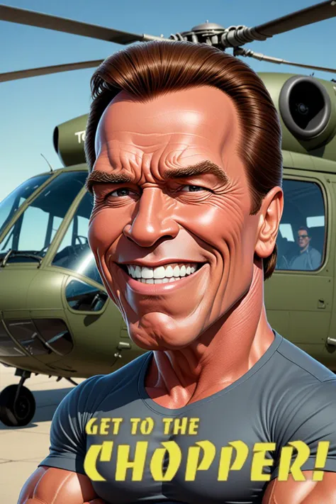 Cartoon style, (wording says "GET TO THE CHOPPER"), (oversized facial features:1.4), (caricature:1.4) of Arnold Schwarzenegger with a big nose, big chin, big smile from ear to ear, helicopter background, (wording reads "GET TO THE CHOPPER"),