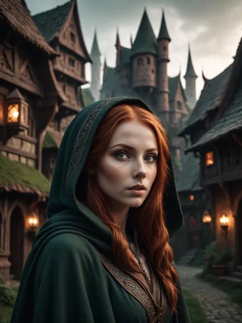 cinematic raw photography of adorable redhead european girl in cinematic intricate fantasy village with tall buildings, textured skin, unforgettable eyes under elvish hood, round face, skin pores, highly detailed background, dim light, moody atmosphere. BREAK, 35mm photograph, 8K, highly detailed