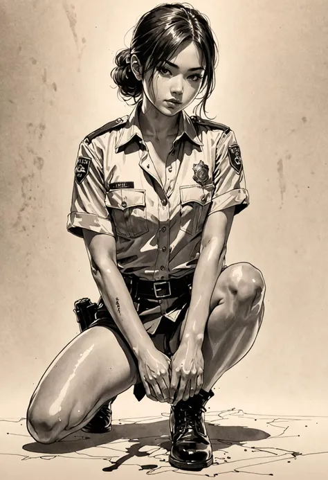 Japanese Ink Drawing, 1girl in 20s,solo, squatting, (spread legs:1.3), unbuttoned police shirt, sweaty, suggestive pose, cinematic lighting, ink drawing, inkwash, Japanese Ink Drawing