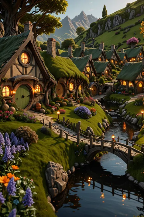 photorealism, intricate details, extremely detailed, masterpiece, masterpiece, intricate, best quality, hires textures, high detail, incredibly detailed, Cinematic Lighting riverside hobbit village full of farms and hobbits with gardens and flowers intricately detailed, true masterpiece, UHD vibrant neon, studio quality Overall Detail