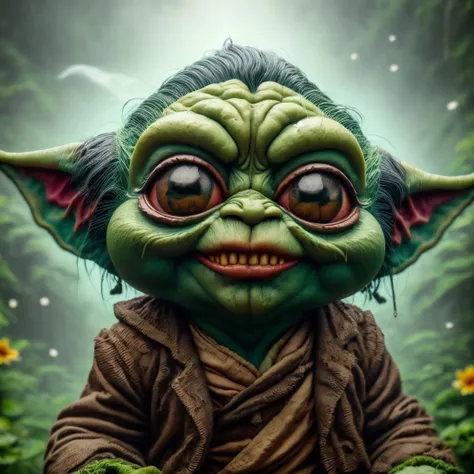 A grossup,anthromusclor,From the iconic yoda silhouette to the majesty of a magical flower garden. Each image is reimagined through whirlwind that capture and fascinate the eye. Dark fantasy baby Yoda green splash art. Pastel flowers behind. Sweet and angelic, painting, dark fantasy, vibrant
<lora:grossup:0.7> <lora:anthromusclor:1>