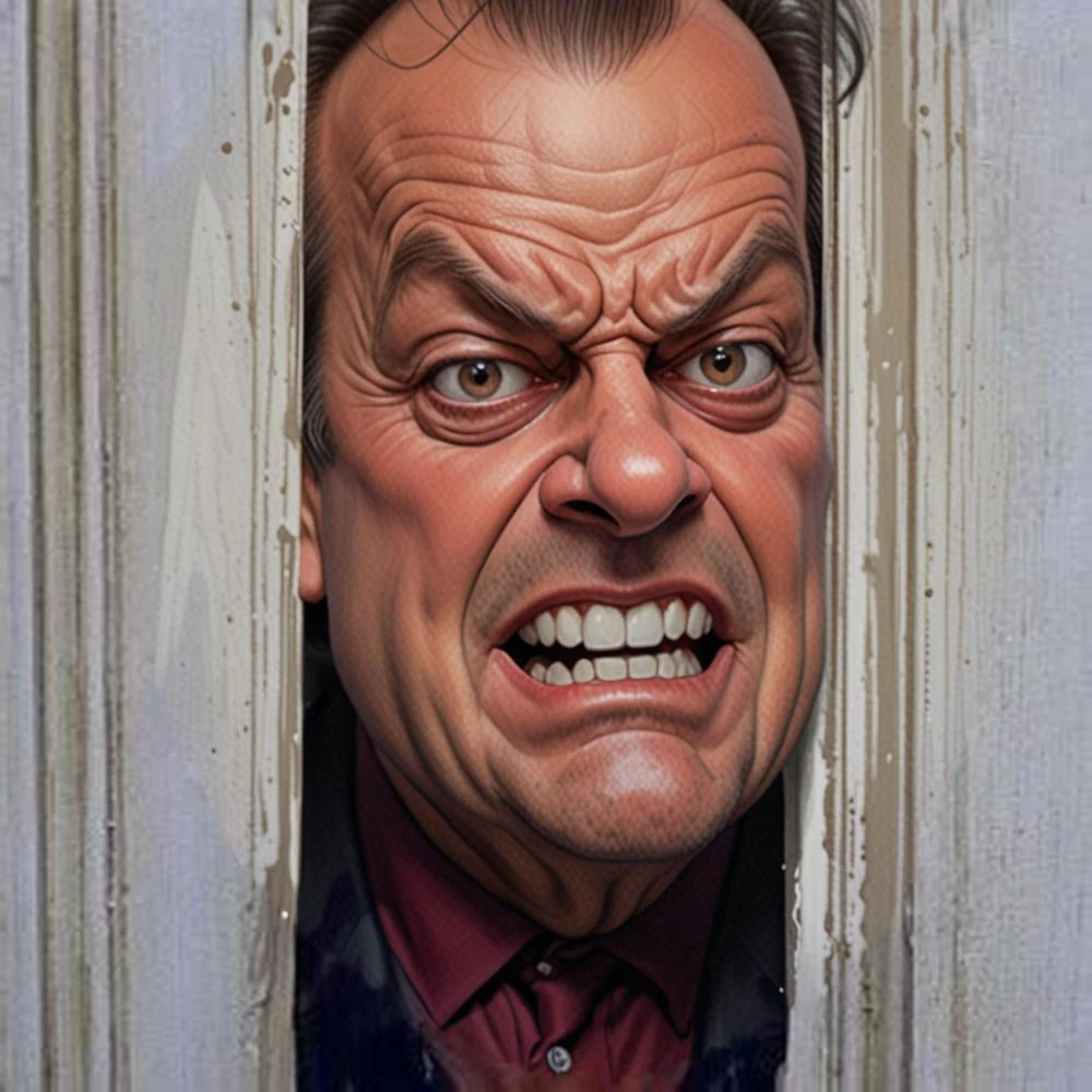 Cartoon style, (oversized facial features:1.4), (caricature:1.4) of Jack Nicholson with a big nose, big chin, big eyes, big teeth angry expression, face through a white wooden door