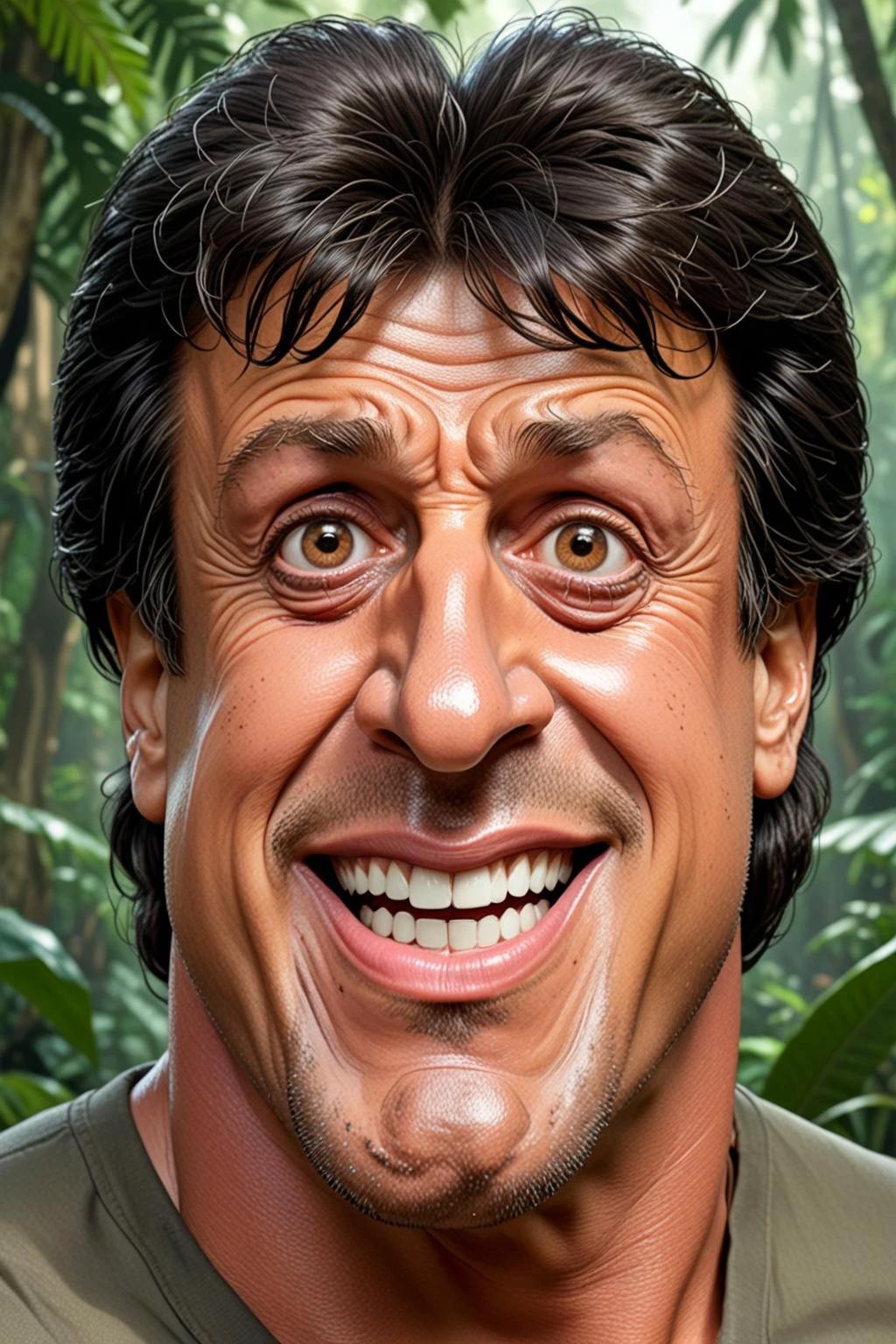 Cartoon style, (oversized facial features:1.4), (caricature:1.4) of Silvester Stallone as Rambo with a big nose, big chin, big smile from ear to ear, outside Jungle