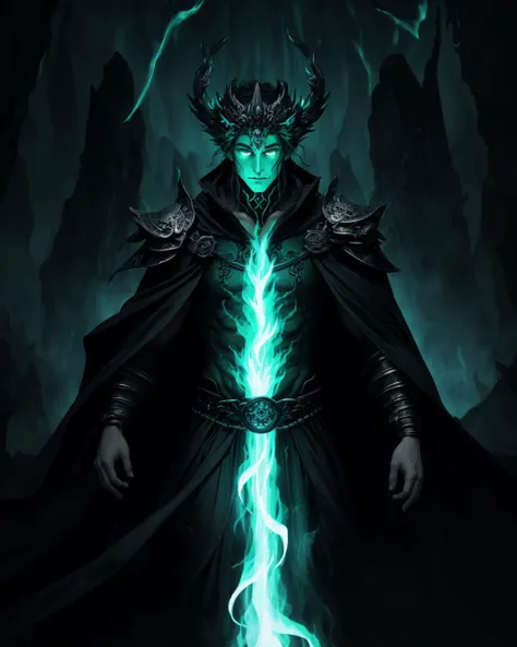 Hades, ethereal entity, Ancient god, god of the underworld, green flame, burning river, black runic robe, underworld background, no face, flaming  hands, epic, cinematic, HDR, high resolution, high detailed, waist-high, portrait, masterpiece