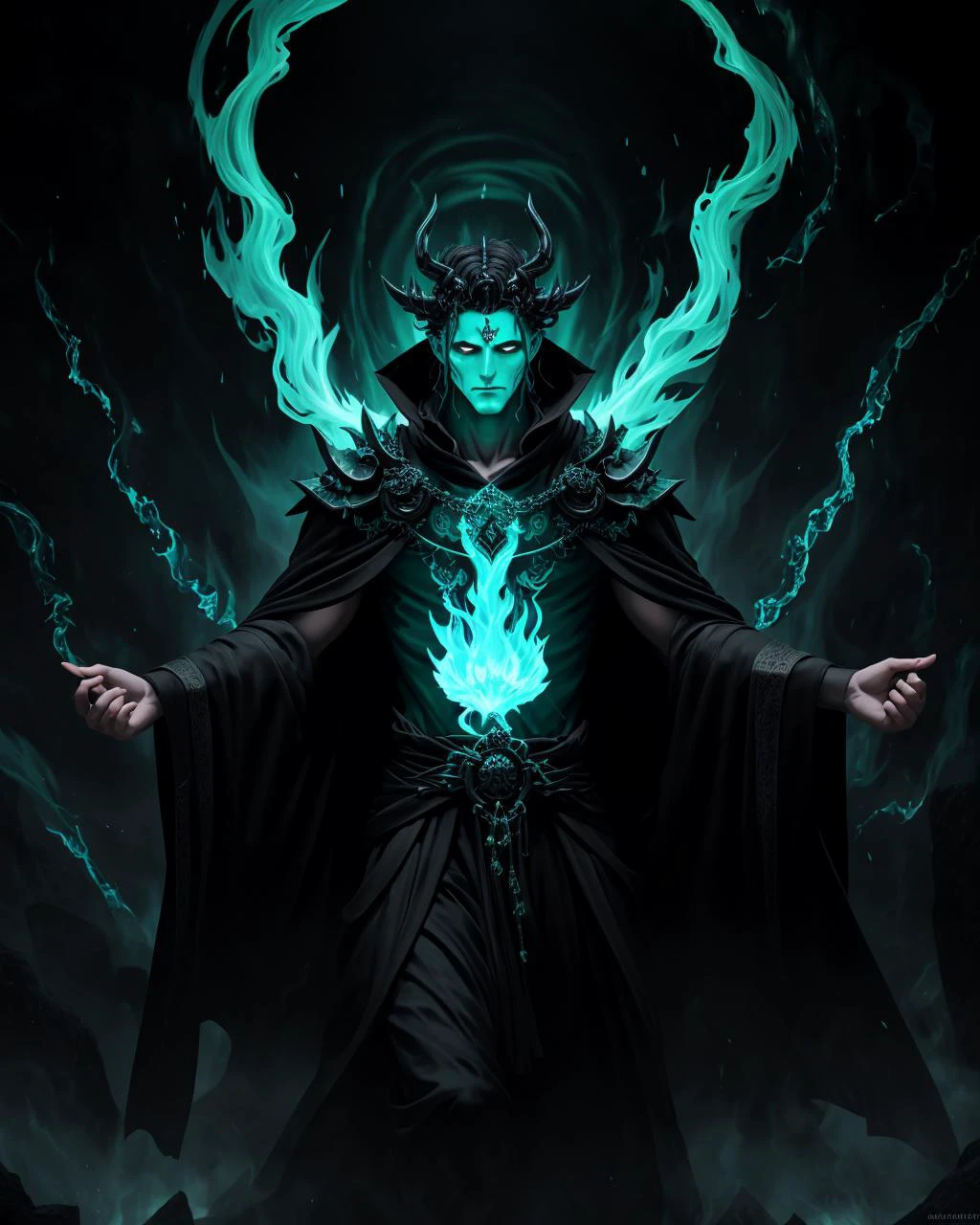 Hades, ethereal entity, Ancient god, god of the underworld, green flame, burning river, black runic robe, underworld background, no face, flaming hands, epic, cinematic, HDR, high resolution, high detailed, waist-high, portrait, masterpiece
