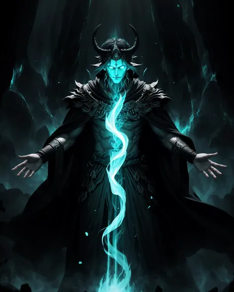 Hades, ethereal entity, Ancient god, god of the underworld, green flame, burning river, black runic robe, underworld background, no face, flaming  hands, epic, cinematic, HDR, high resolution, high detailed, waist-high, portrait, masterpiece