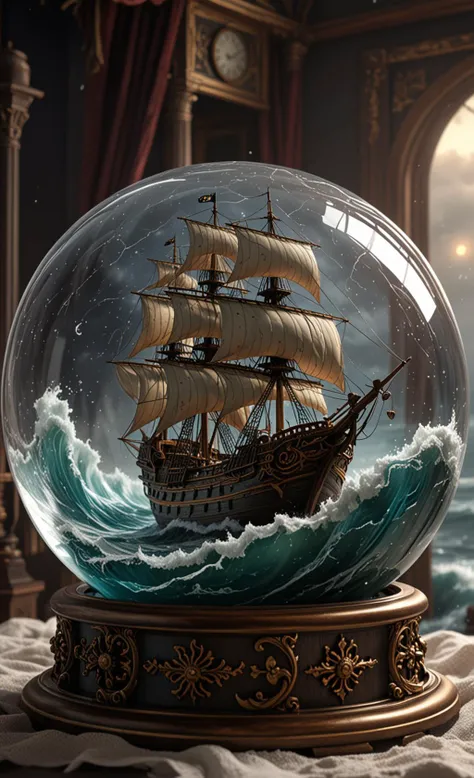 A glass sphere sculpture, concealed inside the sphere is a large Pirate Ship in a Lightning storm, large waves, in the dark, detailed image, 8k high quality detailed, the moon, shaped sphere, amazing wallpaper, digital painting highly detailed, 8k UHD detailed oil painting, beautiful art UHD, focus on full glass sphere, bokeh, background Modifiers: extremely detailed Award winning photography, fantasy studio lighting, photorealistic very attractive beautiful imperial colours ultra detailed 3D, (Very Intricate)