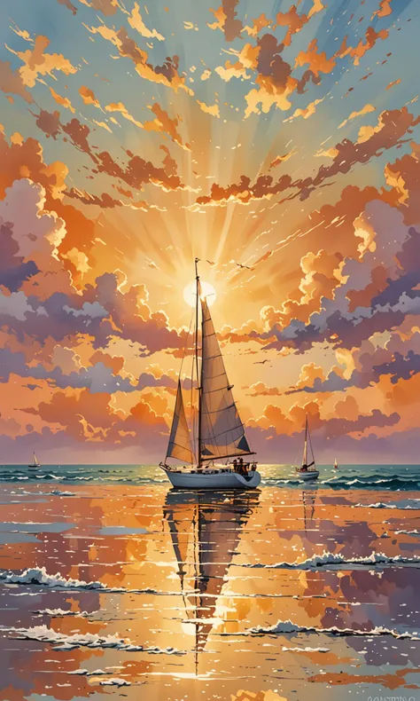 watercolor painting sunset, high tide, golden sand, calm sea, colored clouds, rays of light break through the clouds, in the reflection of light on the water, a sailing boat is a fish, the sea shimmers with bright colors . vibrant, beautiful, painterly, detailed, textural, artistic