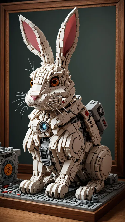 A Epic Rabbit made of Lego Technics with a few piece of Lego on the Table, Award winning, trending on ArtStation , (intricate details, masterpiece, best quality), (Use Dream Diffusion Secret Prompt), (Framed 3D), UHD
