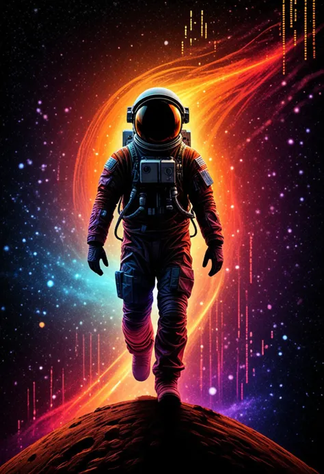 (vibrant canvas illuminated by a cascade of colorful binary code) forming the (silhouette) of a  astronaut on planet mars, intricate details, masterpiece, best quality, very aesthetic