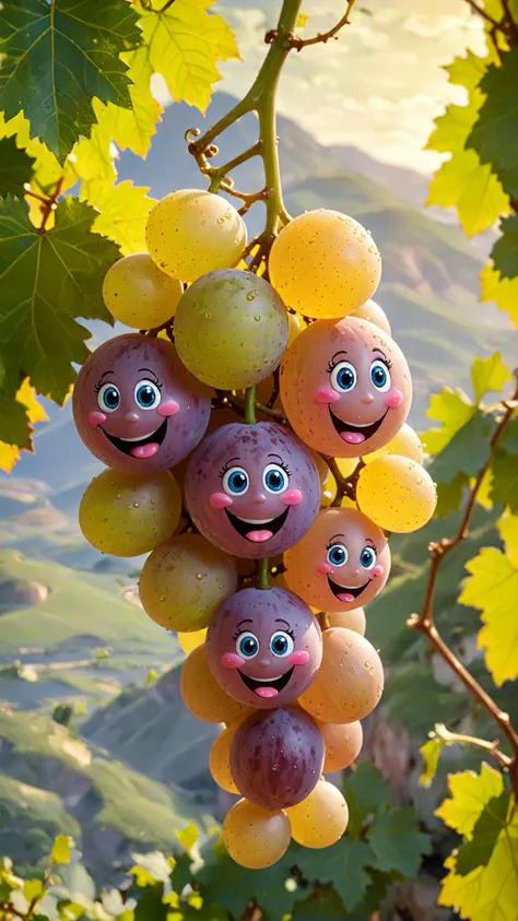 a delicate cluster of (Grapes with cute faces) (hanging from stem) (with smiling faces), (laughing faces), (opalescent textures), (vines) growing in the early morning light, in the background beautiful valleys, , volumetric light, ethereal, sparkling, studio photo, highly detailed, sharp focus