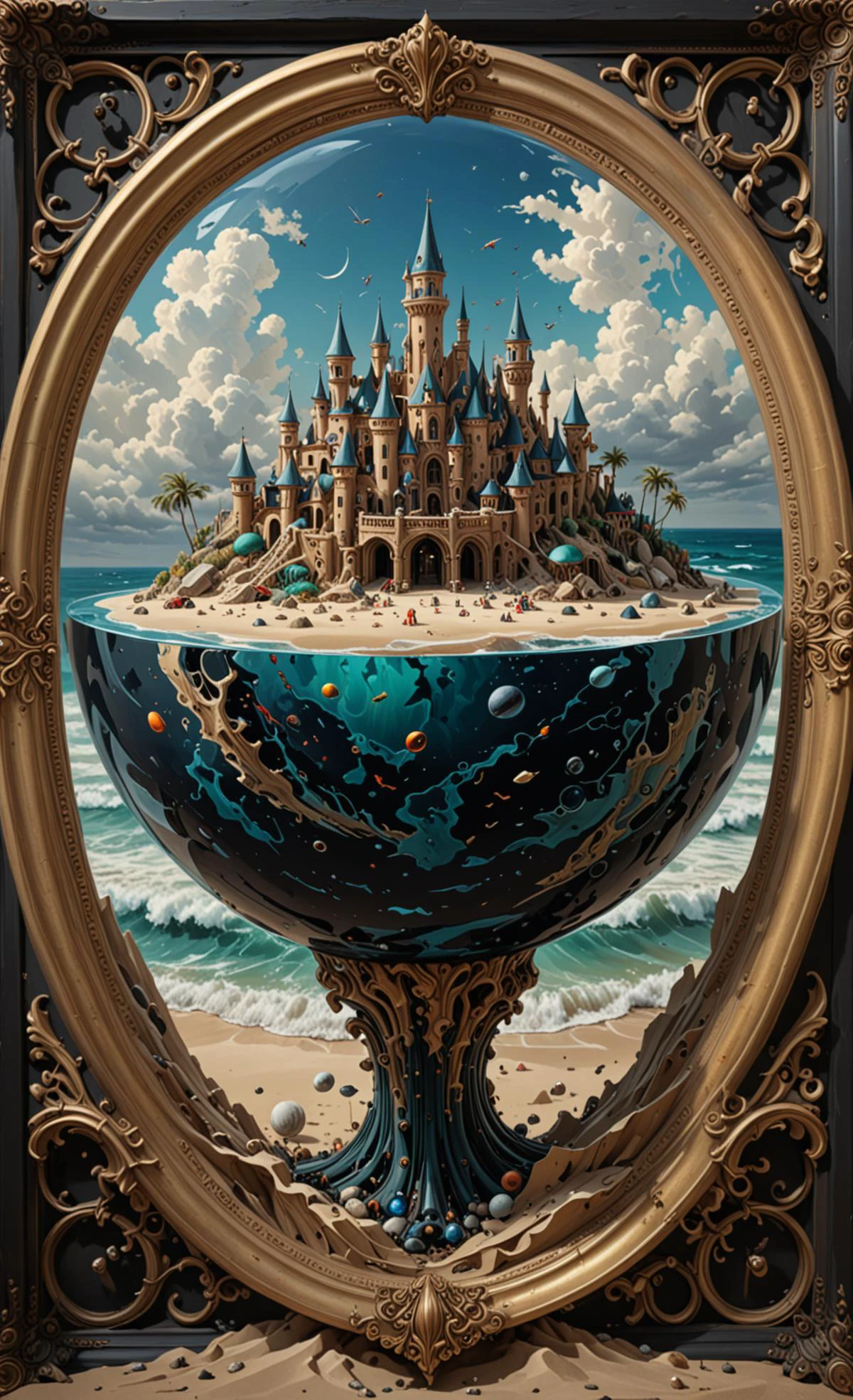 A glass sphere sculpture, concealed inside the sphere is a Desert Island, Sand Castle, Ocean, in the day, detailed image, 8k high quality detailed, shaped sphere, amazing wallpaper, digital painting highly detailed, 8k UHD detailed oil painting, beautiful art UHD, focus on full glass sphere, bokeh, background Modifiers: extremely detailed Award winning photography, fantasy studio lighting, photorealistic very attractive beautiful imperial colours ultra detailed 3D, (Very Intricate), UHD, <lora:3D_Framed_Wall_Art_-_By_DICE:1>,(3D Framed, Deep Sea)