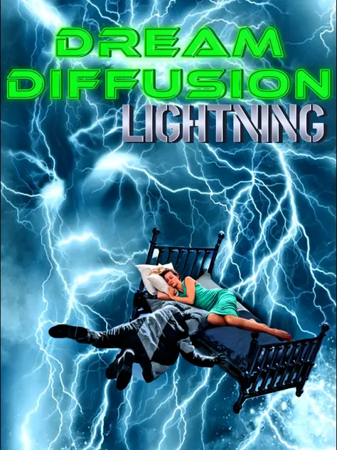 1girl in bed dreaming, sleeping, album cover, caustics, falling from sky , cover, pillows electricity, lightning face, long hair, clouds, storm, sky