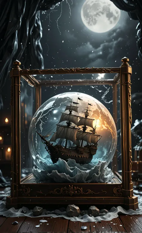 A glass Cube sculpture, concealed inside the Cube is a large Pirate Ship in a Lightning storm, large waves, in the dark, detailed image, 8k high quality detailed, the moon, shaped Cube, amazing wallpaper, digital painting highly detailed, 8k UHD detailed oil painting, beautiful art UHD, focus on full glass sphere, bokeh, background Modifiers: extremely detailed Award winning photography, fantasy studio lighting, photorealistic very attractive beautiful imperial colours ultra detailed 3D, (Very Intricate)