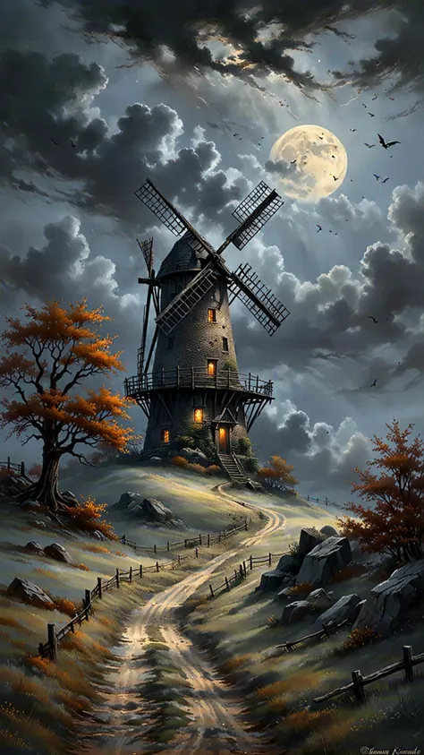 The image presents a dark and ominous nightscape. On a desolate hilltop, a dilapidated windmill looms against the pitch-black sky. The windmill's broken blades creak as they slowly turn, their shadowy outlines starkly contrasting against the dim light of a crescent moon. The moonlight casts eerie shadows across the rocky terrain, creating a sense of foreboding. The hill is barren, with only a few gnarled, leafless trees standing as grim sentinels. In the foreground, the remnants of an overgrown path lead to the windmill, but it seems long abandoned. The overall atmosphere is heavy with suspense, as if something sinister lurks in the darkness. A low mist rolls across the hill, further obscuring the landscape and adding to the sense of impending doom. This scene evokes a feeling of isolation and unease, with the windmill as a haunting symbol against the dark, moonlit night.romantic impressionism, dream scenery art, beautiful oil matte painting, romantic, style of thomas kinkade, beautiful digital painting, anime landscape, romantic painting, thomas kinkade style painting, dreamlike digital painting, colorful painting, beautiful gorgeous digital art, style thomas kinkade