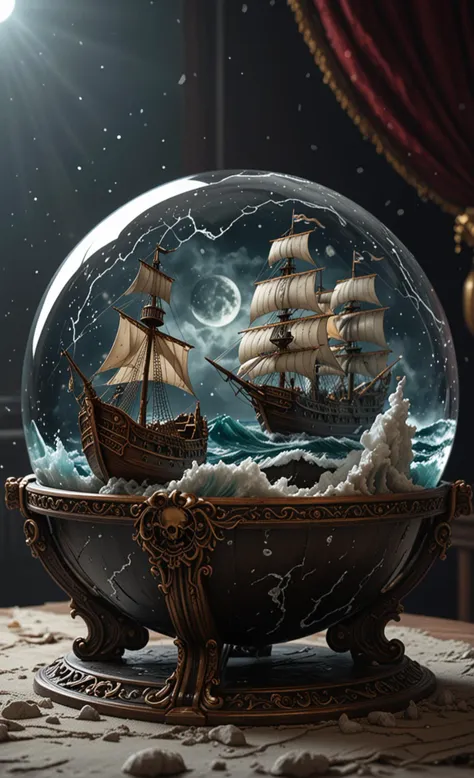 A  glass sphere sculpture, concealed inside the sphere is a large Pirate Ship in a Lightning storm, large waves, in the dark, detailed image, 8k high quality detailed, the moon, shaped sphere, amazing wallpaper, digital painting highly detailed, 8k UHD detailed oil painting, beautiful art UHD, focus on full glass sphere, bokeh,  background Modifiers: extremely detailed Award winning photography, fantasy studio lighting, photorealistic very attractive beautiful imperial colours ultra detailed 3D, (Very Intricate)