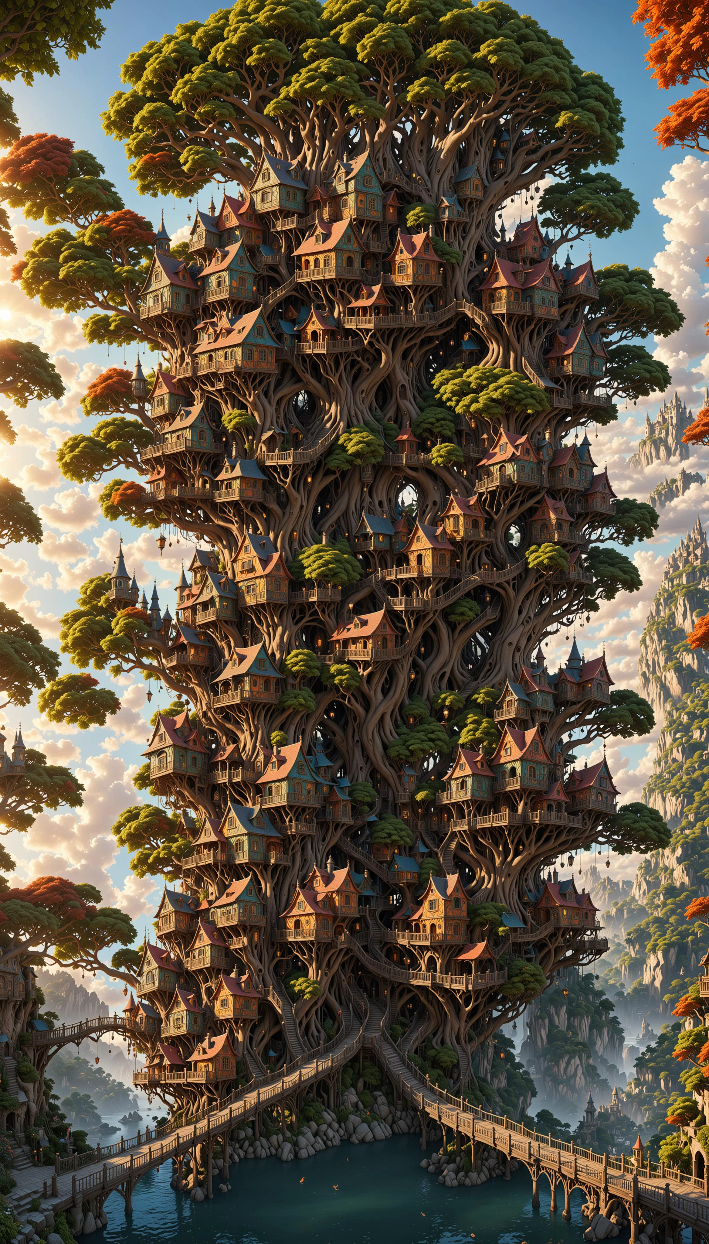 a wonderous and beautiful fantasy world with the Tree House Mansion Village, Multiple Bridges, sun, in the day, insanely detailed and intricate, hyper maximalist, elegant, hyper realistic, super detailed, vivid colours, sunrise, ornate, dynamic, articulate, 8K, <lora:3D_Framed_Wall_Art_-_By_DICE:0.6>, (Framed 3D, 3d Tree), EPIC, Painstaking Attention To Detail, UHD