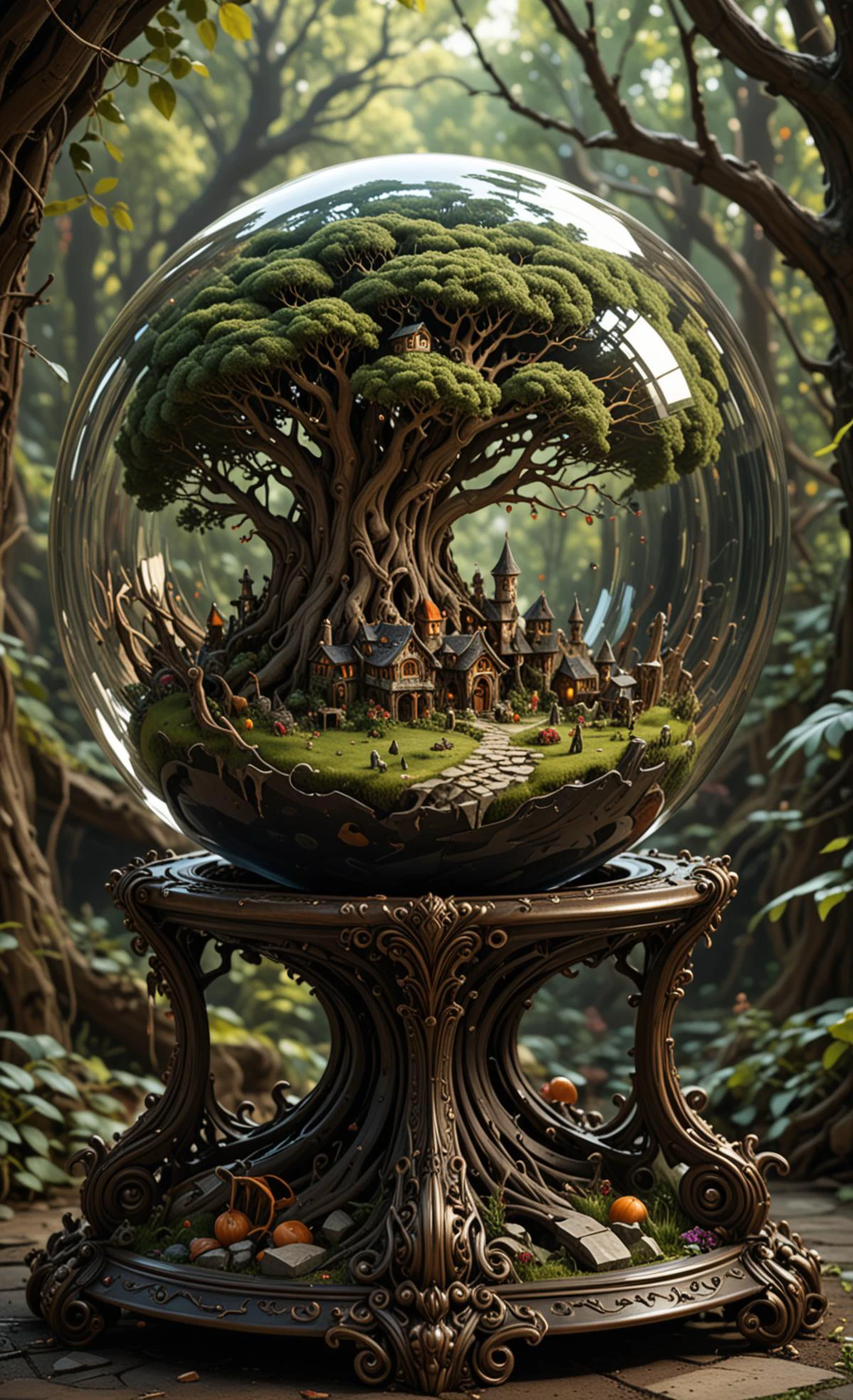 A glass sphere sculpture, concealed inside the sphere is a Hobbits village, in the day, detailed image, 8k high quality detailed, shaped sphere, amazing wallpaper, digital painting highly detailed, 8k UHD detailed oil painting, beautiful art UHD, focus on full glass sphere, bokeh, background Modifiers: extremely detailed Award winning photography, fantasy studio lighting, photorealistic very attractive beautiful imperial colours ultra detailed 3D, (Very Intricate), UHD, <lora:3D_Framed_Wall_Art_-_By_DICE:1>, (3D Framed, Macabre)