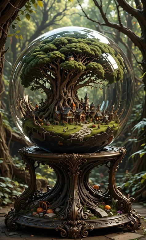 A  glass sphere sculpture, concealed inside the sphere is a Hobbits village, in the day, detailed image, 8k high quality detailed, shaped sphere, amazing wallpaper, digital painting highly detailed, 8k UHD detailed oil painting, beautiful art UHD, focus on full glass sphere, bokeh,  background Modifiers: extremely detailed Award winning photography, fantasy studio lighting, photorealistic very attractive beautiful imperial colours ultra detailed 3D, (Very Intricate), UHD, <lora:3D_Framed_Wall_Art_-_By_DICE:1>, (3D Framed, Macabre)