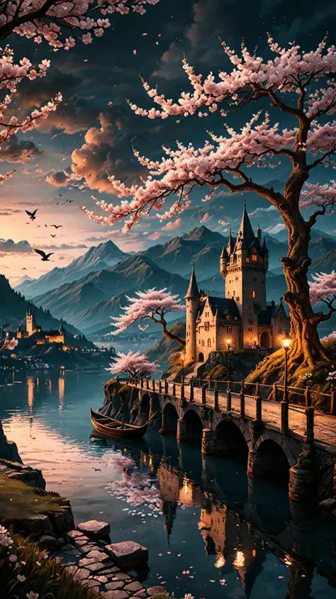 detailed background, witchy aesthetic, realistic, outdoors, sky, night, cloud, water, tree, petals, no humans, bird, grass, cherry blossoms, building, scenery, mountain, city, fantasy, road, watercraft, bridge, river, castle, tower, boat, landscape, mountainous horizon, lake, dock depth of field, masterpiece, best quality, ultra-detailed, very aesthetic, perfect composition, intricate details, absurdres, moody lighting, UHD