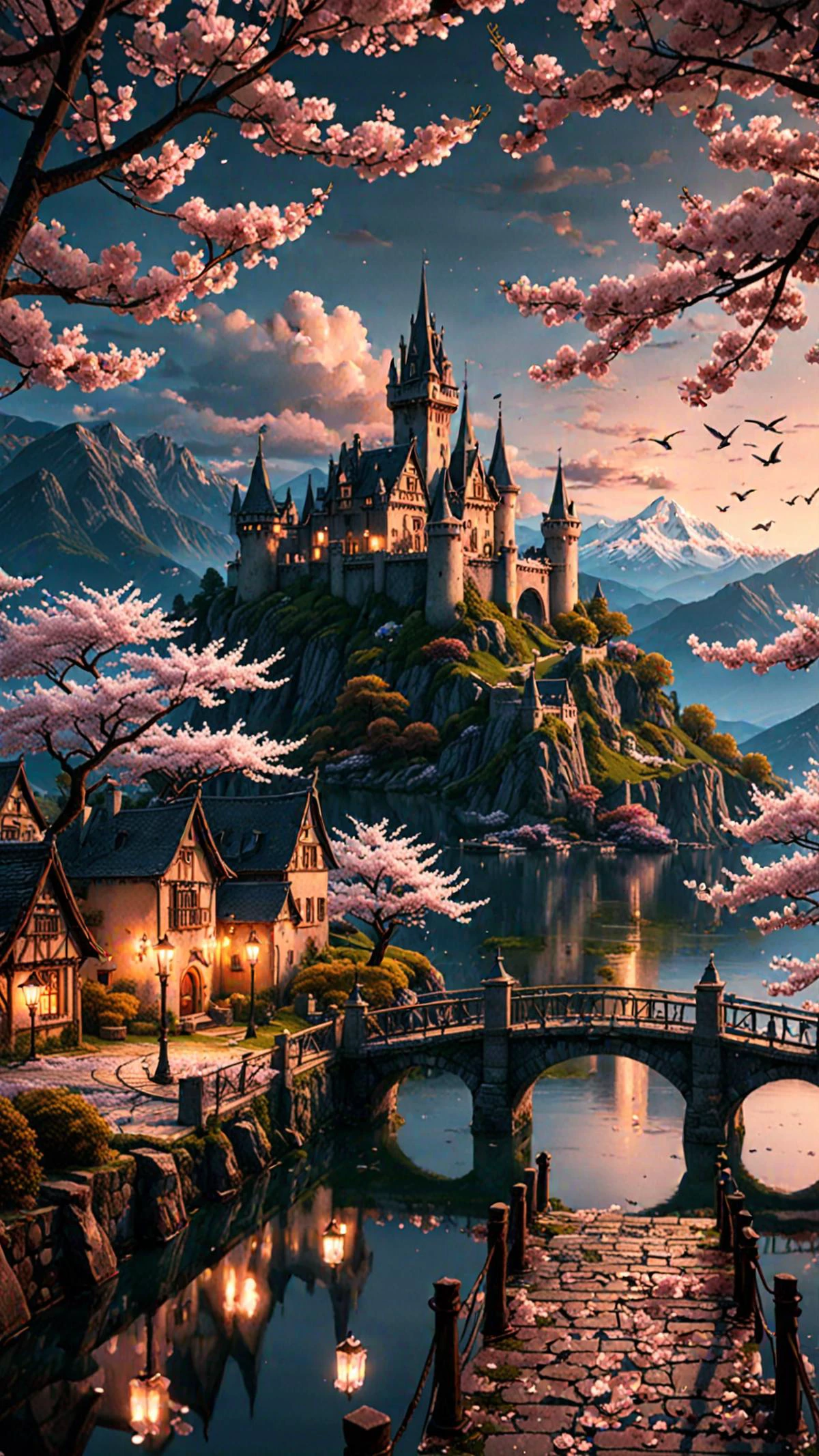 detailed background, witchy aesthetic, realistic, outdoors, sky, night, cloud, water, tree, petals, no humans, bird, grass, cherry blossoms, building, scenery, mountain, city, fantasy, road, watercraft, bridge, river, castle, tower, boat, landscape, mountainous horizon, lake, dock depth of field, masterpiece, best quality, ultra-detailed, very aesthetic, perfect composition, intricate details, absurdres, moody lighting, UHD