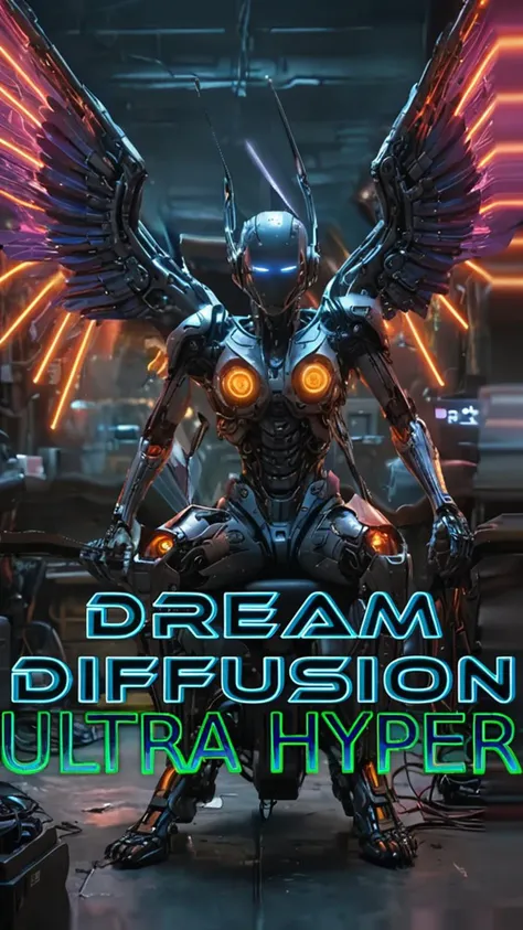 (masterpiece, best quality, intricate, detailed, ornate, vibrant colors), indoors, (factory), machinery, neon, CyberAngel, sitting, (mechanical parts), mechanical limbs, (mechanical wings), cybernetic augmentations, probes, cables, wires, biopunk, cyberpunk, technology, UHD